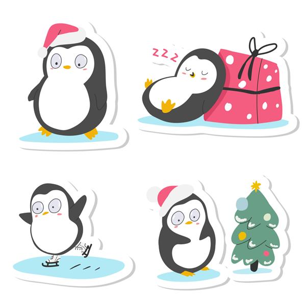 مجموعه برچسب کارتونی پنگوئن های کریسمس ناز جدا شده روی پس زمینه سفید