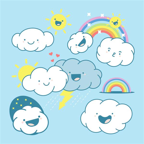 شخصیت های کارتونی ابر خورشید و رنگین کمان زیبا که روی پس زمینه سفید جدا شده اند
