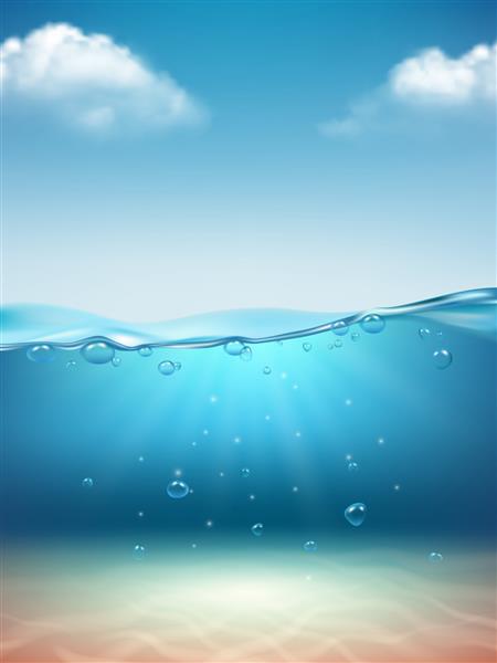 منظره اقیانوس واقع گرایانه زیر آب جریان حباب های آب شفاف پاشش طلوع آفتاب نور پس زمینه سطح دریا طبیعت طبیعت