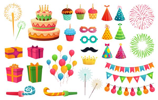 کیت مهمانی کارتونی آتش بازی موشک بادکنک های رنگارنگ و هدیه تولد مجموعه تصویری ماسک های کارناوال و کیک های شیرین