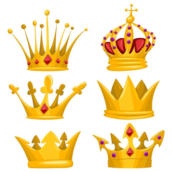 ست کارتونی تاج طلایی برای شاه ملکه شاهزاده خانم و شاهزاده مجموعه نمادهای ویژگی های سلطنتی جدا شده در پس زمینه سفید