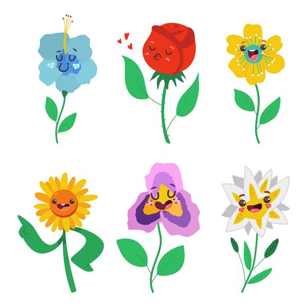 شخصیت های گل های بهاری با مجموعه کارتونی با احساسات زیبا جدا شده در پس زمینه سفید