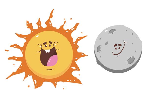 شخصیت های کارتونی خنده دار خورشید و ماه جدا شده در پس زمینه سفید