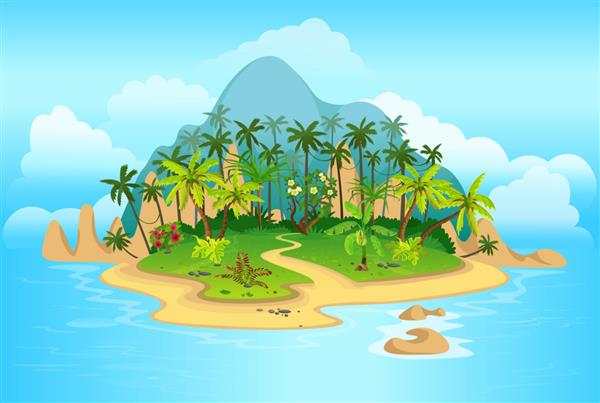 جزیره گرمسیری کارتونی با درختان نخل کوه ها اقیانوس آبی گل ها و تاک ها تصویر