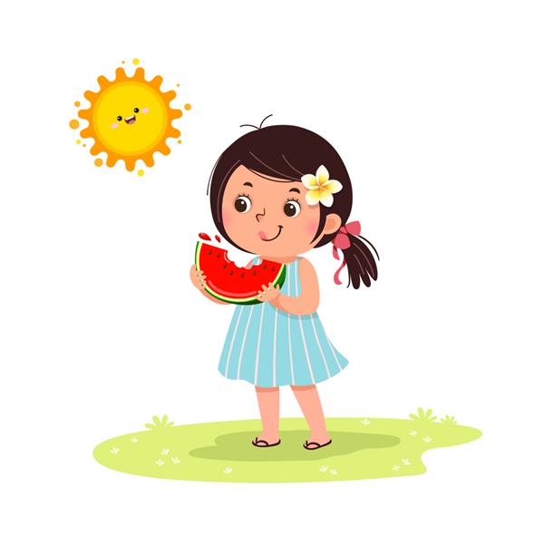 دختر بچه ناز با هندوانه در روز آفتابی گرم احساس خوشحالی می کند