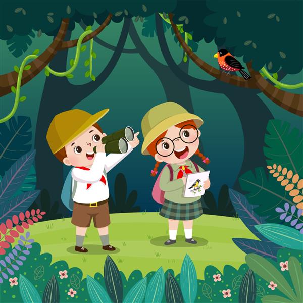 پسر ناز در حال تماشای پرنده با دوربین دوچشمی و دختری که پرنده ها را در جنگل می کشد کودکان ماجراجویی تابستانی در فضای باز دارند