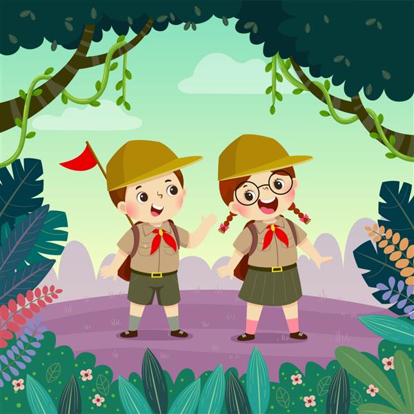 پسر و دختر پیشاهنگ زیبا در حال پیاده روی در جنگل کودکان ماجراجویی تابستانی در فضای باز دارند