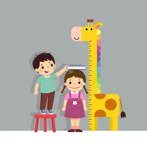 تصویر وکتور پسر کارتونی ناز با اندازه گیری قد دختر کوچک با نمودار قد زرافه روی دیوار