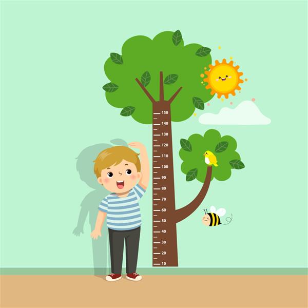 تصویر وکتور پسر کارتونی ناز در حال اندازه گیری قد خود با نمودار ارتفاع درخت روی دیوار