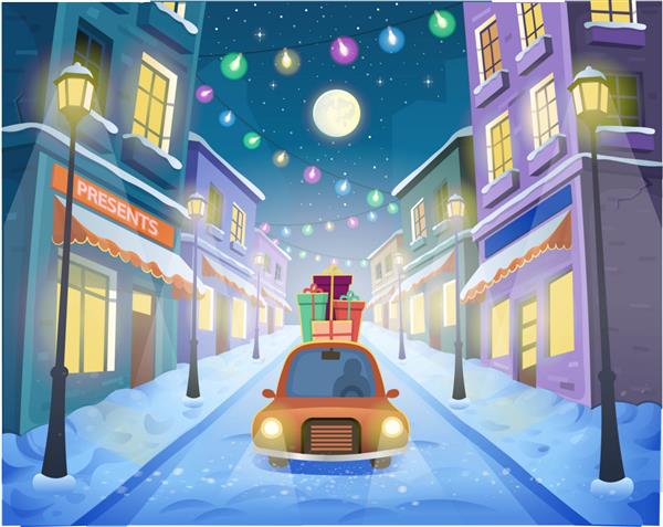 خیابان کریسمس شهر با فانوس و گلدسته با ماشین و هدایا تصویر برداری به سبک کارتونی
