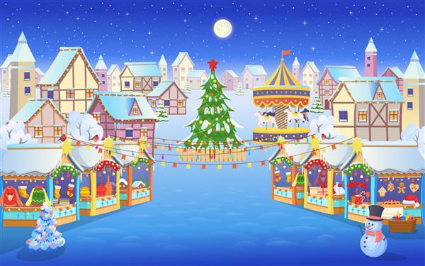 بازار کریسمس با مردم یک درخت کریسمس چرخ فلک با اسب ها و خانه ها تصویر برداری به سبک کارتونی