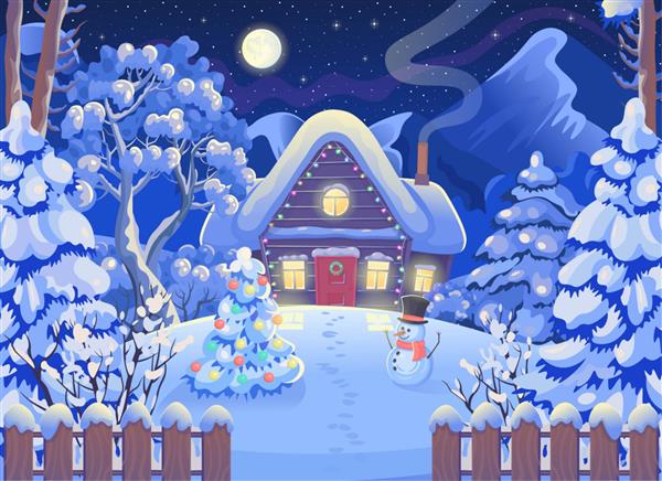 منظره جنگلی شب زمستانی با خانه چوبی کوه ماه و آسمان پرستاره آدم برفی درخت کریسمس تصویر وکتور طراحی به سبک کارتونی کارت کریسمس