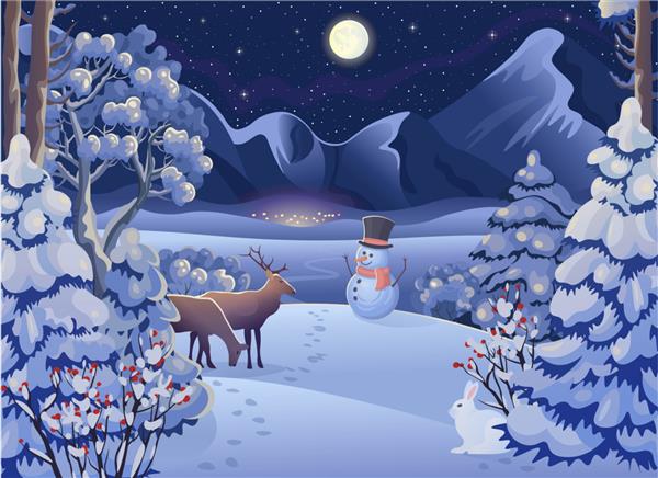 منظره جنگلی شب زمستانی با گوزن ها خرگوش روستا کوه ها ماه و آسمان پرستاره تصویر وکتور طراحی به سبک کارتونی کارت کریسمس