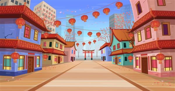 خیابان چینی پانوراما با خانه‌های قدیمی طاق چینی فانوس‌ها و گلدسته تصویر برداری از خیابان شهر به سبک کارتونی