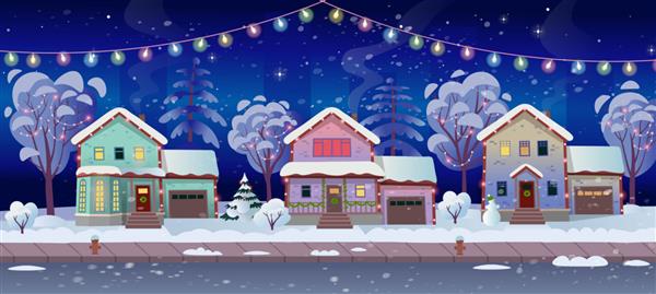 جاده پانوراما بر فراز خیابان با خانه‌ها و گلدسته‌ها کارت کریسمس تصویر برداری از خیابان شهر زمستانی به سبک کارتونی