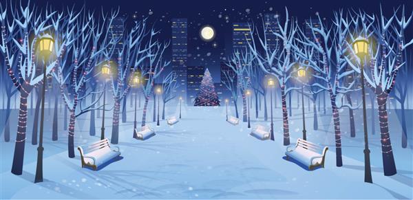 جاده پانوراما بر فراز پارک زمستانی با نیمکت‌ها درختان فانوس‌ها و گلدسته در شب تصویر برداری از خیابان شهر زمستانی به سبک کارتونی