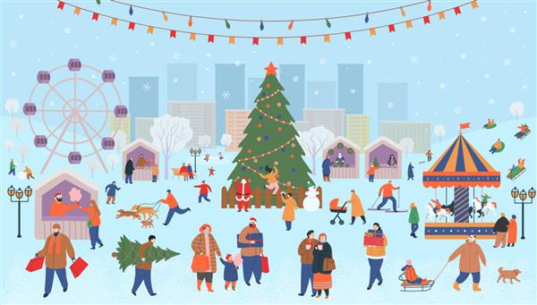 نمایشگاه تعطیلات کریسمس در پارک مجموعه بزرگی از مردم در زمستان افرادی که قدم می زنند هدیه می خرند قهوه می نوشند اسکیت می کنند اسکی می کنند آدم برفی درست می کنند سگ های راه می روند تصویر برداری کارتونی تخت