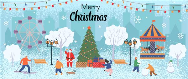 کارت تبریک کریسمس مبارک زمستان در پارک با مردم یک درخت کریسمس با هدایا یک اسب چرخ فلک چرخ و فلک آدم برفی و بابا نوئل وکتور تصویر کارتونی تخت