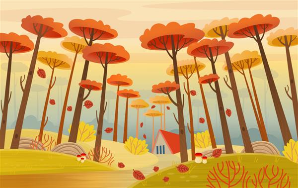 منظره پاییزی با جاده خانه و درختان جادویی زرد وکتور سبک کارتونی