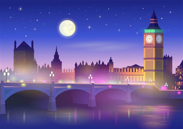 پل بیگ بن و وست مینستر در لندن در شب تصویر برداری به سبک کارتونی