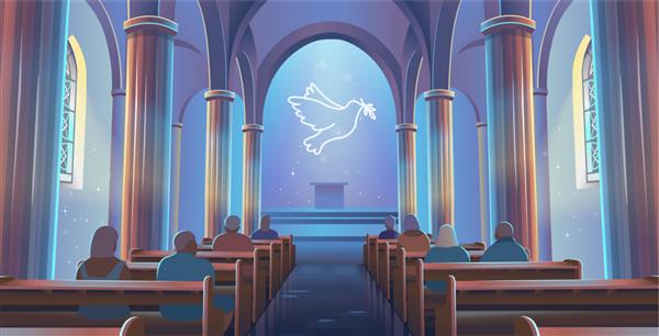 نمای کلیسای جامع در داخل فضای داخلی کلیسای کاتولیک با مردم و کبوتر صلح تصویر برداری کارتونی