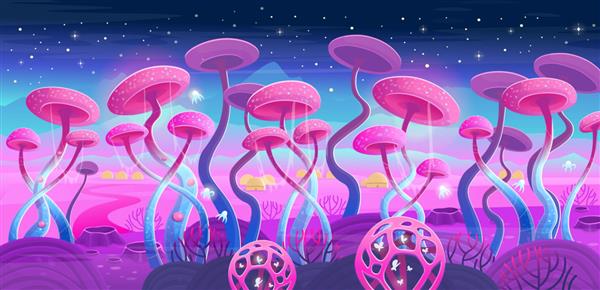 منظره فانتزی با گیاهان و قارچ های جادویی تصویرسازی فضا