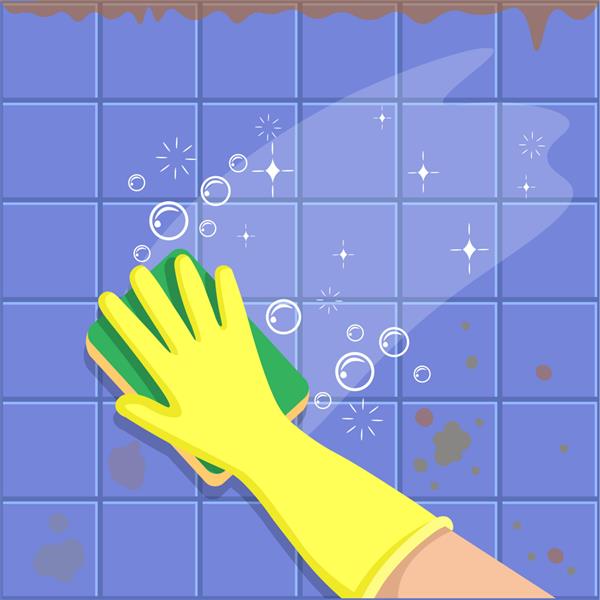 دست در یک دستکش زرد با اسفنج کاشی ها را می شوید مفهومی برای شرکت های نظافتی قبل و بعد از تمیز کردن تصویر برداری مسطح