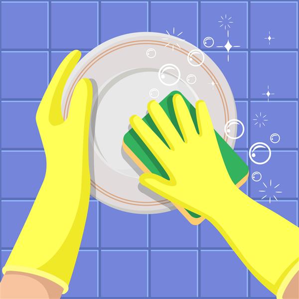 شستن ظروف دست در یک دستکش زرد با اسفنج یک ظرف را می شویید مفهومی برای شرکت های نظافتی