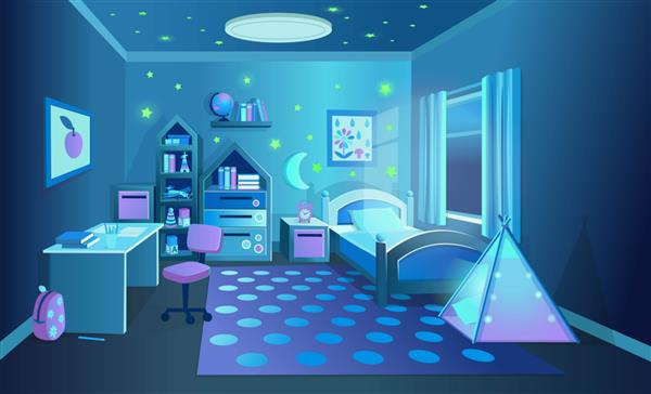 اتاق کودکان دنج با اسباب بازی در شب تصویر برداری به سبک کارتونی
