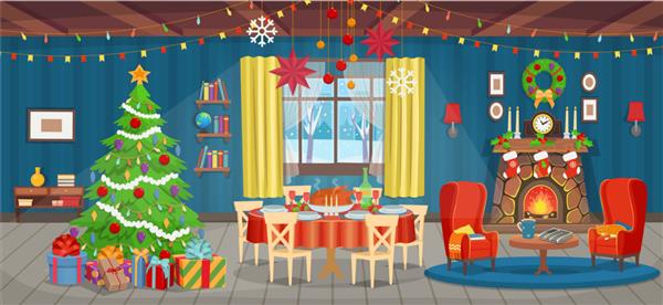 داخلی کریسمس با شومینه درخت کریسمس پنجره صندلی راحتی قفسه کتاب میز و میز تعطیلات با غذا