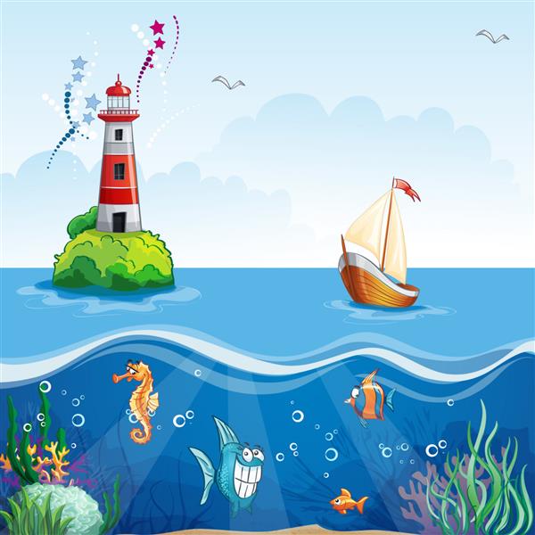 تصویرسازی کودکان با فانوس دریایی و قایق بادبانی در کف دریا و ماهی های خنده دار