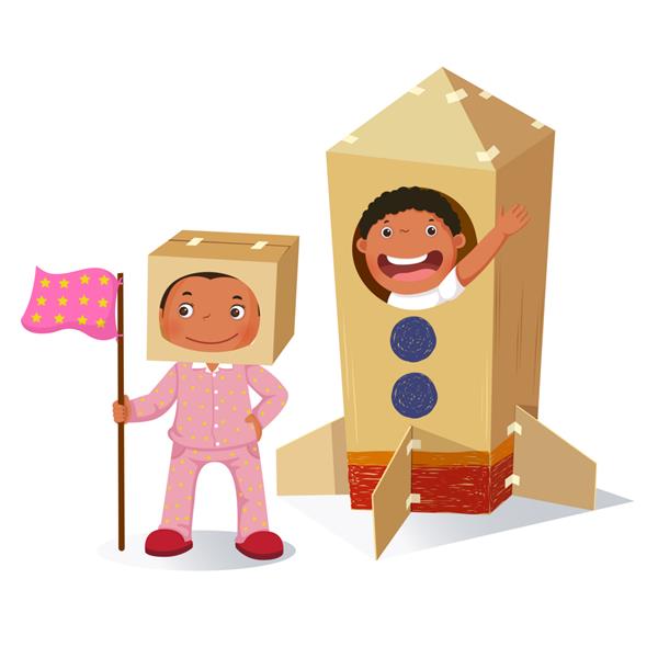 دختر خلاق در حال بازی به عنوان فضانورد و پسر در موشک ساخته شده از جعبه مقوایی