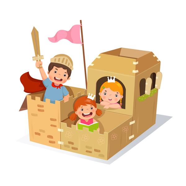 بچه های خلاق در حال بازی قلعه ساخته شده از جعبه مقوایی