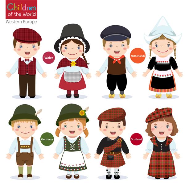 بچه ها با لباس های سنتی مختلف ولز هلند آلمان اسکاتلند
