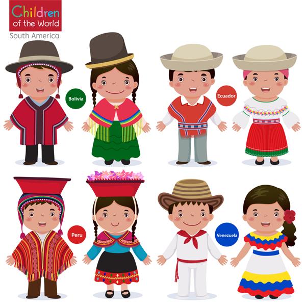 بچه ها با لباس های سنتی مختلف - بولیوی - اکوادور - پرو - ونزوئلا