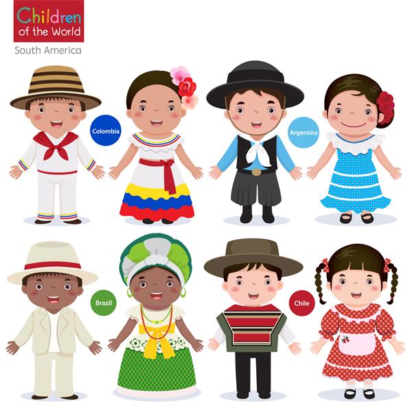 بچه ها با لباس های سنتی مختلف - کلمبیا - آرژانتین - برزیل - شیلی