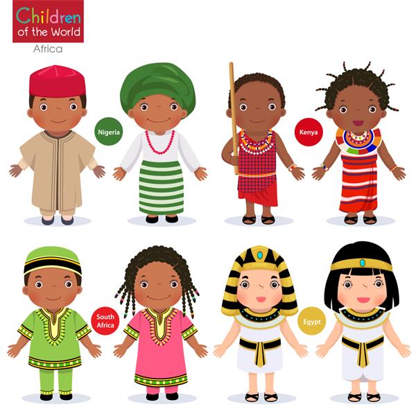 بچه ها با لباس های سنتی مختلف نیجریه کنیا آفریقای جنوبی مصر