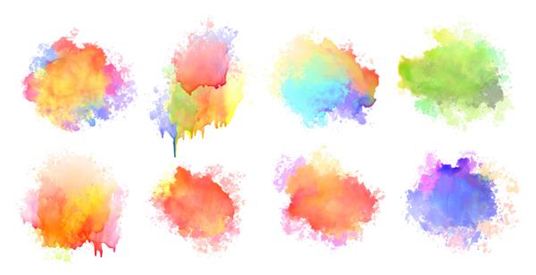 مجموعه رنگارنگ هشت تایی لکه پاشیده آبرنگ جدا شده