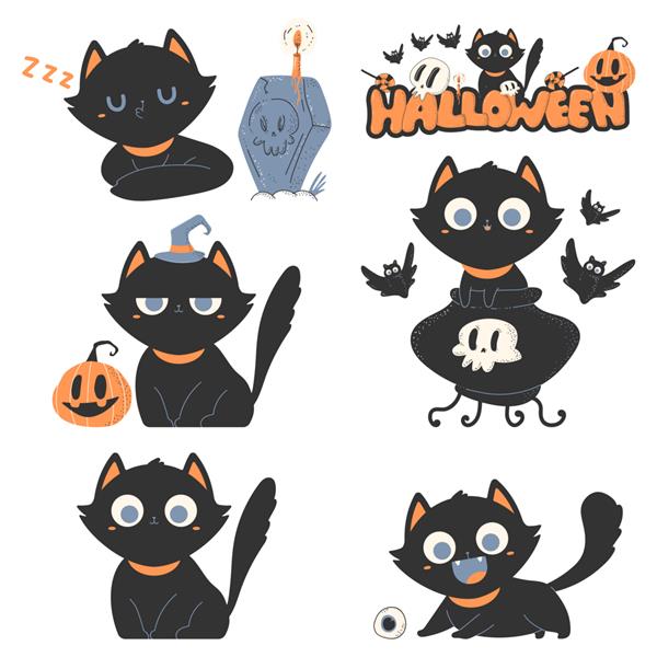 گربه سیاه وکتور کارتونی شخصیت های حیوانات خانگی زیبا مجموعه ای برای هالووین جدا شده