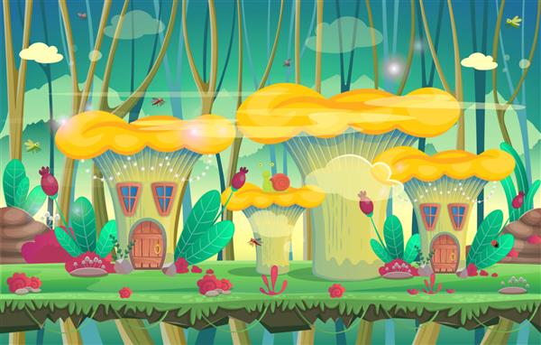 جنگل با خانه های قارچ تصویر برداری برای بازی ها