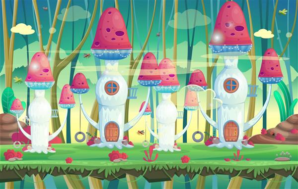 تصویر سازی برای بازی ها جنگل با خانه های قارچ