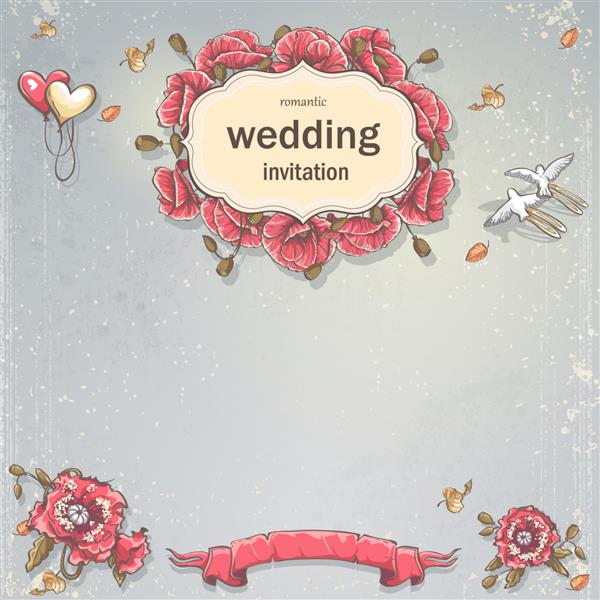 کارت دعوت عروسی برای متن شما در زمینه خاکستری با خشخاش بادکنک و کبوتر