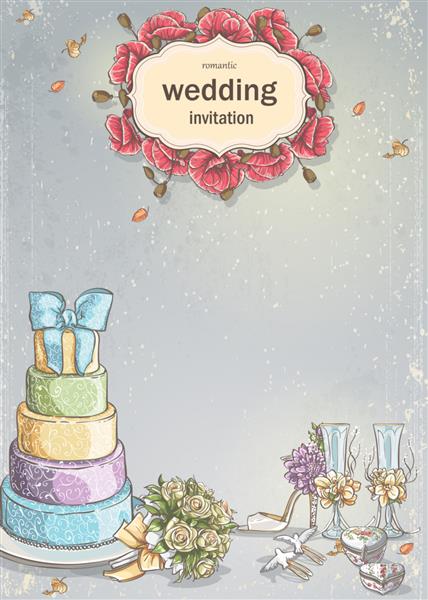 دعوتنامه عروسی با عکس وسایل عروسی کیک لیوان های شراب دسته گل رز کبوتر