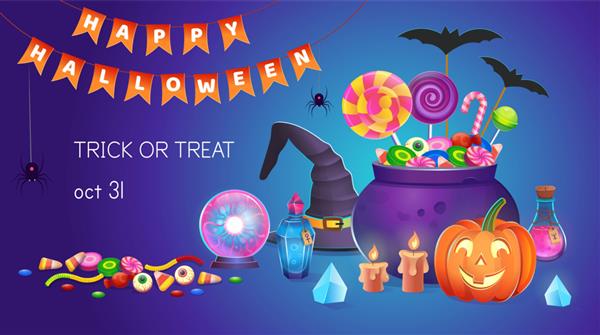 بنر هالووین با کدو تنبل با شیرینی کلاه جادوگر دیگ معجون توپ جادویی کریستال و شمع تصویر کارتونی نماد بازی و اپلیکیشن موبایل