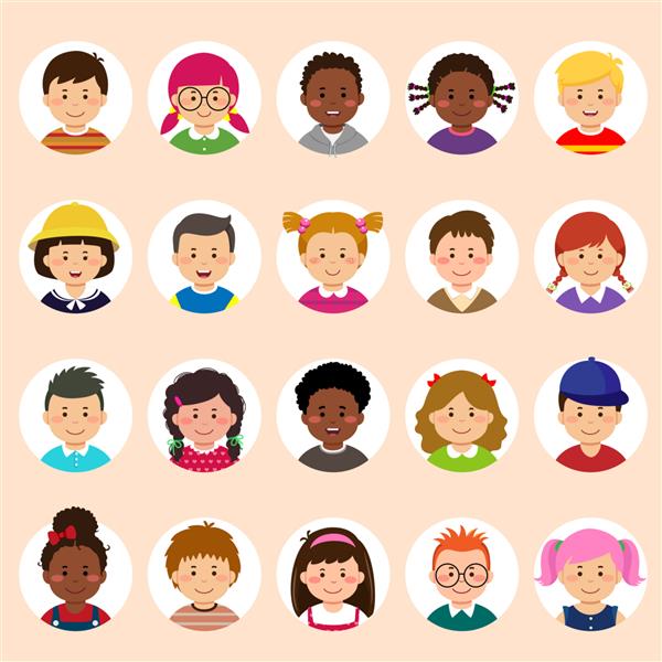 مجموعه ای از چهره های بچه ها آواتارها سر بچه ها از ملیت های مختلف به سبک تخت