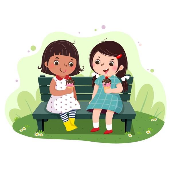 تصویر دو دختر کوچک در حال خوردن بستنی روی نیمکت