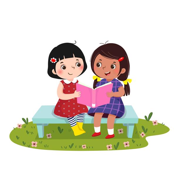 تصویری از دو دختر کوچک که روی نیمکت نشسته اند و با هم کتاب می خوانند