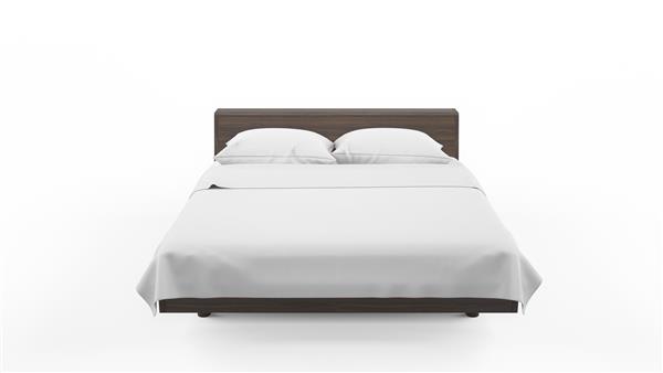 تخت دو نفره با فریم چوبی و ملحفه های سفید جدا شده