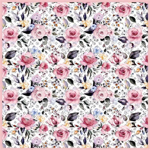 طرح روسری لوییز ویتون با گلهای رز صورتی و زمینه سفید آماده چاپ