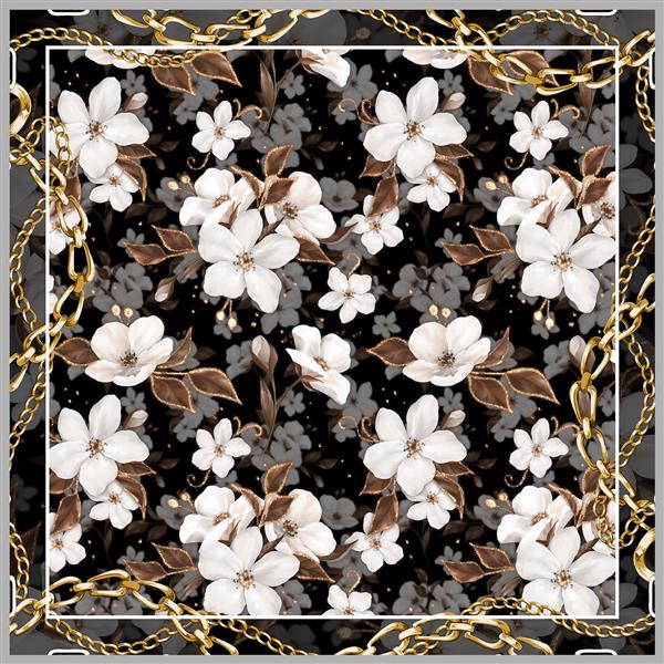 طرح روسری با زمینه ترام گل و گلهای سفید با قاب دور زنجیر طلایی و زمینه مشکی